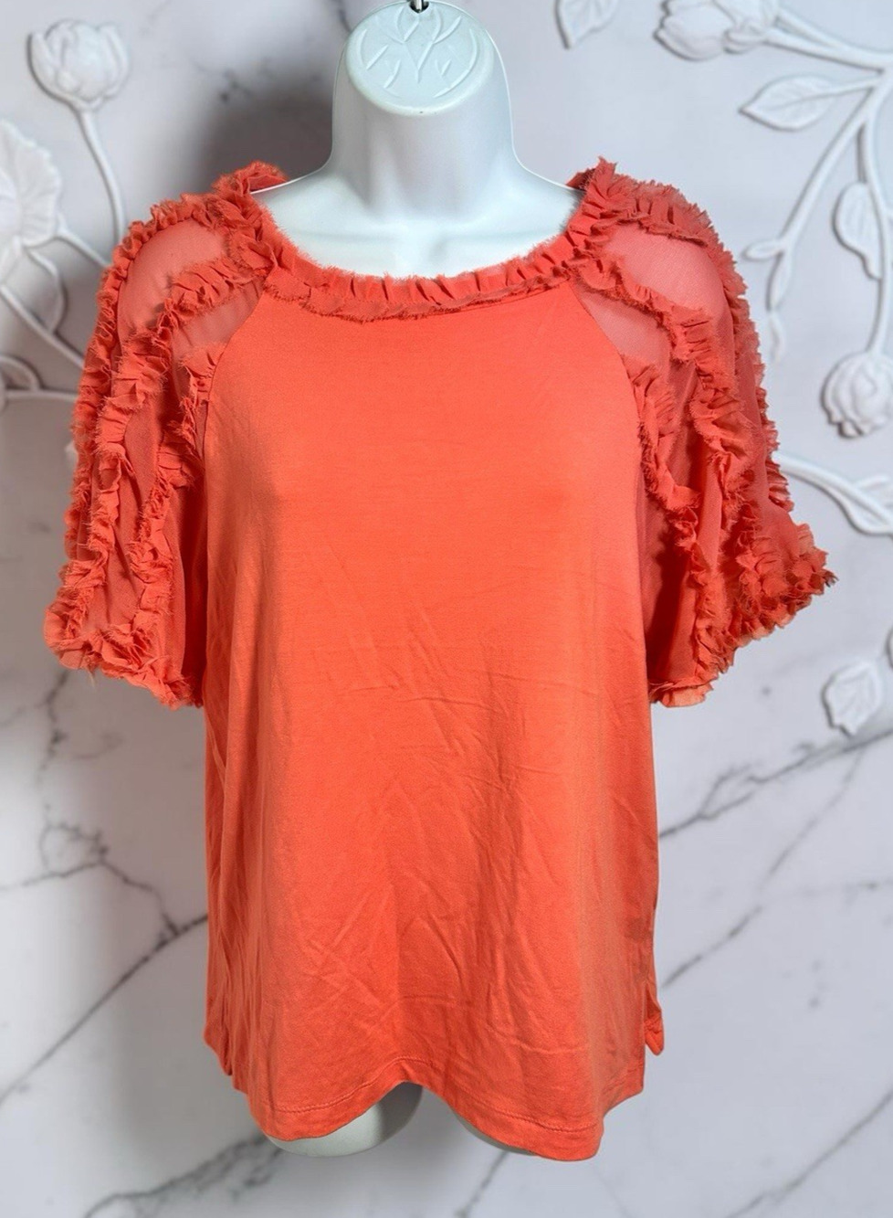 Kobi Halperin Betsy Coral Casual Rayon Ruffled Pullover Top Sz M Blouse Frill